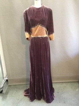M.T.O., Purple, Beige, Silk, Sequins, Solid, 1930's, Velvet, Beige Satin Accents with Rhinestones and Sequins, 3/4 Sleeve, Side Zip, Gathered Neck and Waistband, Floor Length, Keyhole Back with Hook & Eyes, Slight Burn Around Neck, Attached Belt at Waist