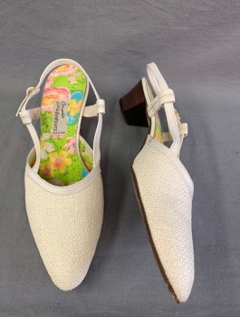 CLOUDHOPPERS, White, Straw, Leather, Solid, Low Heeled Slingbacks, Pointed Toes are Woven Straw, Leather Strap Around Ankle, Colorful Floral Fabric Sole/Inside Lining, 1.5" Brown Wood Heel