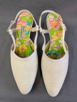 CLOUDHOPPERS, White, Straw, Leather, Solid, Low Heeled Slingbacks, Pointed Toes are Woven Straw, Leather Strap Around Ankle, Colorful Floral Fabric Sole/Inside Lining, 1.5" Brown Wood Heel