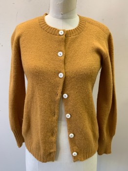 GARLAND, Ochre Brown-Yellow, Wool, Solid, Cardigan, Button Front, Rib Knit Crew Neck, Cuffs and Waistband, Pearled Shoulders and Back Yoke