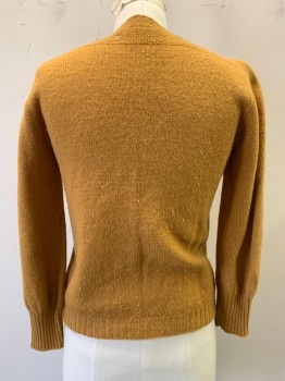 GARLAND, Ochre Brown-Yellow, Wool, Solid, Cardigan, Button Front, Rib Knit Crew Neck, Cuffs and Waistband, Pearled Shoulders and Back Yoke