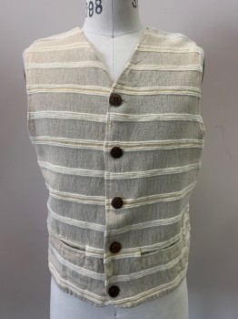 PARAGRATT CLOTHING , Beige, Cream, Cotton, Stripes - Horizontal , Sleeveless, V Neck, Button Front, Top Pockets,