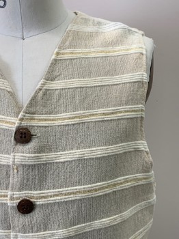 PARAGRATT CLOTHING , Beige, Cream, Cotton, Stripes - Horizontal , Sleeveless, V Neck, Button Front, Top Pockets,