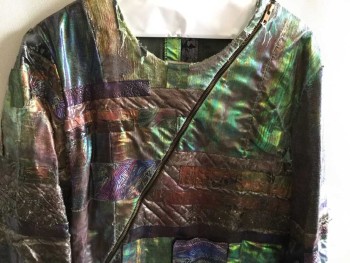 MTO, Purple, Pink, Green, Metallic, Synthetic, Collaged/Patchwork Many Different Fabrics To Make Jumpsuit, Diagonal Metal  Zipper, Long Sleeves, Needs Some Love