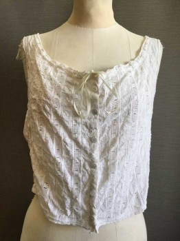 White, Cotton, Lace, Floral, Stripes, Ribbon Drawstring Neck,  Delicate Floral Embroidery, Lace Sides, Open Work Stripe Detail, Good Condition