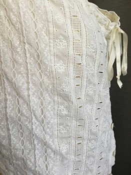 White, Cotton, Lace, Floral, Stripes, Ribbon Drawstring Neck,  Delicate Floral Embroidery, Lace Sides, Open Work Stripe Detail, Good Condition