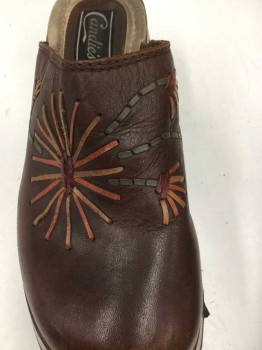 CANDIES, Brown, Burnt Orange, Tan Brown, Leather, Floral, Mules, Wood Sole, Leather Upper with Woven Floral Detail, Clogs