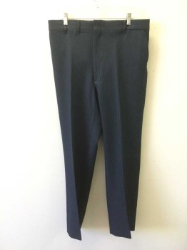 FULTON PARK, Navy Blue, White, Polyester, Stripes - Pin, Flat Front, Zip Fly, Belt Loops, 4 Pockets,