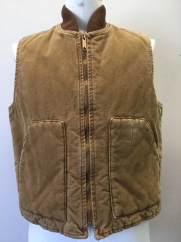 CARHART, Camel Brown, Brown, Cashmere, Heathered, Camel Canvas W/brown Knit Ribbed Collar Attached, Black Diamond Quilt Lining, Copper Zip Front, 2 Pockets