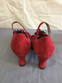DONNA MAY BOLINGER, Red, Black, Suede, Beaded, Solid, Floral, Custom Made, Louis Heel, Mary Jane, Pointed, Large Flower Detail, Button Strap, Double,