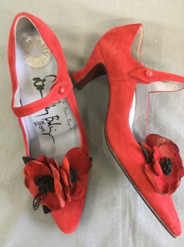 DONNA MAY BOLINGER, Red, Black, Suede, Beaded, Solid, Floral, Custom Made, Louis Heel, Mary Jane, Pointed, Large Flower Detail, Button Strap, Double,