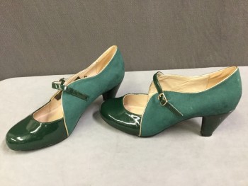 CHEALSEA CREW, Forest Green, Gold, Leather, Suede, Solid, 2" Heel, Mary Jane Strap with Buckle, Patent Toes and Heel, Suede Vamp, Gold Piping