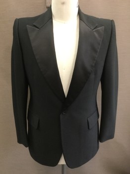 COLEMAN'S FORMAL DEN, Black, Polyester, Single Breasted, 1 Button, 3 Pockets, Satin Peaked Lapel,