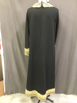 MTO, Black, Gold, Wool, Polyester, Solid, Abstract , Heavy Crepe, Round Neck,  Long Sleeves, Back Zipper, Mod Evening, Thick Gold Rope Decoration at Neck and Cuffs