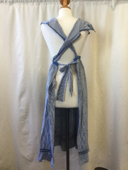 NL , Blue, White, Cotton, Gingham, Solid Blue Trim & Faux Collar, Crew Neck, Criss Cross Back with Self Tie