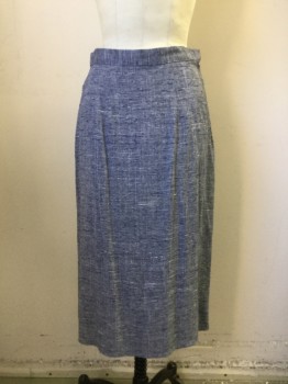 DARYL Of ST. LOUIS, Dk Blue, White, Rayon, Cotton, Two Tone Weave, Pencil Skirt, Calf Length, Side Zip