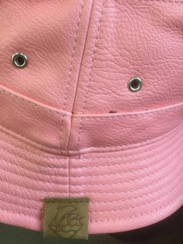 PINK DOLPHIN, Salmon Pink, Faux Leather, Solid, Stitched Brim Bucket Hat, Silver Grommet Detail, Black Twill Lining