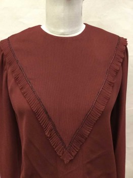 N/L, Burnt Orange, Synthetic, Stripes - Vertical , Self Thin Vertical Stripes, Bias Cut, Round Neck,  Triangle Flap Front and Flap BackW/ruffles, Long Sleeves and Hem W/matching Ruffles Trim, 5 Hexagon Button Back, 3/4 Length