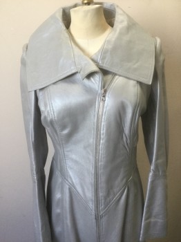 N/L, Gray, Leather, Solid, Zip Front, Wide/Oversized Collar Attached, Slit/Open at Center Front Below Zipper & Center Back, Curved Front Opening, Floor Length, V Shaped Waist Seam, 3 Snaps at Cuffs, Made To Order