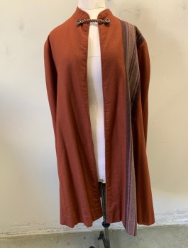 N/L MTO, Rust Orange, Dusty Lavender, Espresso Brown, Wool, Solid, Stripes, Brown/Lavender/Gray Stripes at 1 Shoulder/Side, Stand Collar, Open Fron with 2 Buttons and Braided Leather Loop Closure, Hip Length, No Lining, Made To Order 1800's