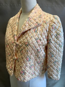 N/L, Lt Pink, Mint Green, Lt Blue, Nylon, Floral, Bed Jacket, Quilted Satin, 3/4 Sleeves, 2 Button & Loop Closures, Collar Attached, Short Waisted,