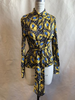 MIRSA, Yellow, Blue, Black, White, Polyester, Novelty Pattern, Yellow Leaves with Blue Bugs, Black and White Dotted Background, Button Front, Collar Attached, Long Sleeves, Button Cuff, Gathered at Shoulders
