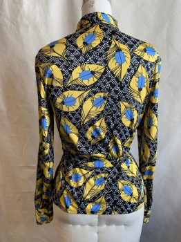 MIRSA, Yellow, Blue, Black, White, Polyester, Novelty Pattern, Yellow Leaves with Blue Bugs, Black and White Dotted Background, Button Front, Collar Attached, Long Sleeves, Button Cuff, Gathered at Shoulders