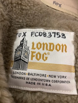 LONDON FOG, Khaki Brown, Cotton, Solid, Trench Coat, Single Breasted, Collar Attached, 2 Welt Pockets, ***Removable Light Brown Fleece Lining, ***Barcode Underneath Liner