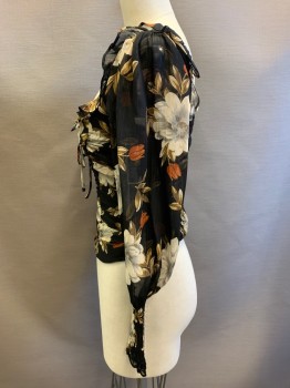 ASTR, Black, Lt Gray, Rust Orange, Brown, Gold, Polyester, Metallic/Metal, Floral, Chiffon Shot with Gold, Ruched Center Front, Smocked Back and Cuffs, Long Sleeves, Ruffle at Scoop Neck, Wire at Cleavage with Tie