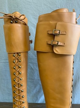 Feragamo, Tan Brown, Leather, Solid, Classic ,Medium Tan, Matte Finish Low Heel, Leather Sole,6hole Laceup at Bottom,16 Pairs of Hooks Above That , 3 3/4 " Flap with Two Small Buckle Strap Closures at Top , Laces Made From the Matching Leather of Boot