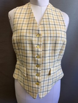 HARROD'S, Cream, Navy Blue, Mustard Yellow, Wool, Viscose, Plaid - Tattersall, Equestrian, Wool Front, Mustard Satin Back, 6 Buttons, V-Neck, 2 Pockets With Flaps, Elastic At Back Waist