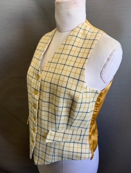 HARROD'S, Cream, Navy Blue, Mustard Yellow, Wool, Viscose, Plaid - Tattersall, Equestrian, Wool Front, Mustard Satin Back, 6 Buttons, V-Neck, 2 Pockets With Flaps, Elastic At Back Waist