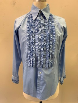 AFTER SIX, Powder Blue, Poly/Cotton, Solid, L/S, Button Front, Ruffled Front, Dagger Collar, Ruffles At Cuffs