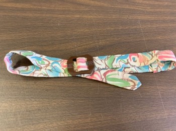 N/L MTO, Multi-color, Ecru, Turquoise Blue, Pink, Green, Cotton, Floral, Matching BELT to Dress (CF033443), Fabric with Brown Buckle, Made To Order