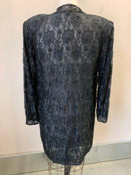 JUDITH ANN CREATIONS, Black, Rayon, Solid, Floral, L/S, Shawl Front, Hook N Eye Closure , Lace And Netting, Beads Sequin Floral Pattern
