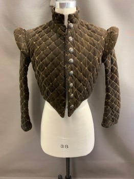 COSTUME CO OP, Brown, Wool, Quilted, Cream Colored Window Pane, Mandarin Collar, Hood & Eye Front, Faux Buttons, Short