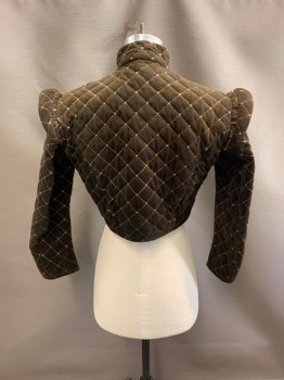 COSTUME CO OP, Brown, Wool, Quilted, Cream Colored Window Pane, Mandarin Collar, Hood & Eye Front, Faux Buttons, Short