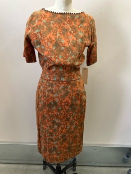 FOX 4, Multi Tonal Brown with Moss & Seafoam Floral, Cotton, S/S, Btns Up Back, Ric Rac Trim At Boat Neck & Hem