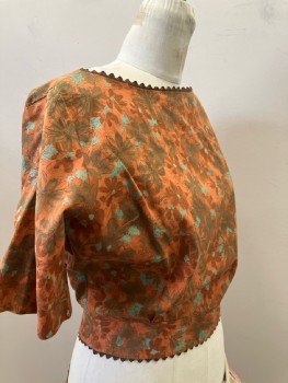 FOX 4, Multi Tonal Brown with Moss & Seafoam Floral, Cotton, S/S, Btns Up Back, Ric Rac Trim At Boat Neck & Hem