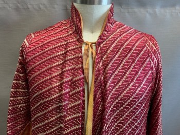 N/L, Red, Red Burgundy, Gold, Goldenrod Yellow, Silk, Metallic/Metal, Stripes - Diagonal , Zig-Zag , Asia, Coins at Hem of Sleeves and Coat, Ties at Neck & Waist, Open Slashes at Legs, Lined in Goldenrod Dupioni,