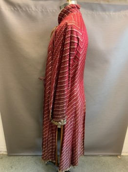 N/L, Red, Red Burgundy, Gold, Goldenrod Yellow, Silk, Metallic/Metal, Stripes - Diagonal , Zig-Zag , Asia, Coins at Hem of Sleeves and Coat, Ties at Neck & Waist, Open Slashes at Legs, Lined in Goldenrod Dupioni,