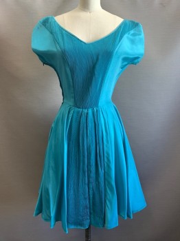 NO LABEL, Teal Blue, Polyester, Solid, S/S, V Neck, Ribbed Details, Pleated, Side Zipper,