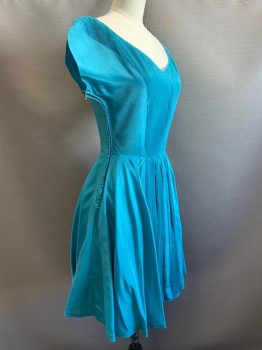 NO LABEL, Teal Blue, Polyester, Solid, S/S, V Neck, Ribbed Details, Pleated, Side Zipper,