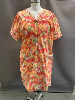 PINK, Salmon Pink, Lt Green, Melon Orange, Poly/Cotton, Floral, Quilted Yoke & Cuffs, Snap Front, Bow Over 1st Button, S/S, 2 Pckts, White Lace Trim