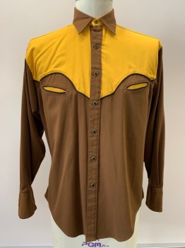 ROCKMOUNT RANCH, Brown, Goldenrod Yellow, Polyester, Color Blocking, L/S, Snap Button Front, Collar Attached, Chest Pockets, Black Piping,