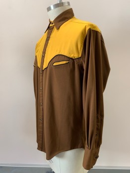 ROCKMOUNT RANCH, Brown, Goldenrod Yellow, Polyester, Color Blocking, L/S, Snap Button Front, Collar Attached, Chest Pockets, Black Piping,