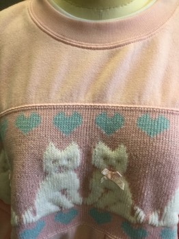 LYNX, Lt Pink, Poly/Cotton, Acrylic, Novelty Pattern, with Knit Chest Band with White Cats, Ribbon Bows, Baby Blue Hearts, Silver Sparkle Knit Into Pink, Ribbed Knit Collar/Cuff/Waistband, White CN,  Undercollar