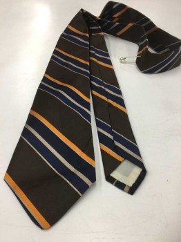 BROOKS BROTHERS, Dk Brown, Cream, Navy Blue, Orange, Silk, Stripes - Diagonal , 4 In Hand, See Photo Attached, Late 60s Early 70s