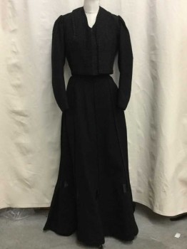 NO LABEL, Black, Wool, Solid, Long Sleeves, Clasp Front Closure, V-neck, Pleat Shoulders, Passementerie, Cropped,