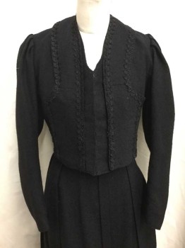 NO LABEL, Black, Wool, Solid, Long Sleeves, Clasp Front Closure, V-neck, Pleat Shoulders, Passementerie, Cropped,